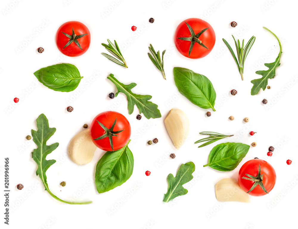 Seamless pattern with fresh vegetables, herbs and spices. Isolated on white background. Top view. Seamless pattern with fresh vegetables, herbs and spices. Isolated on white background. Top view.