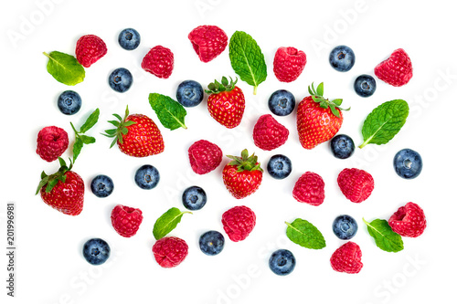 Fresh Berries mix isolated on white background. Various Berries set. Top view.