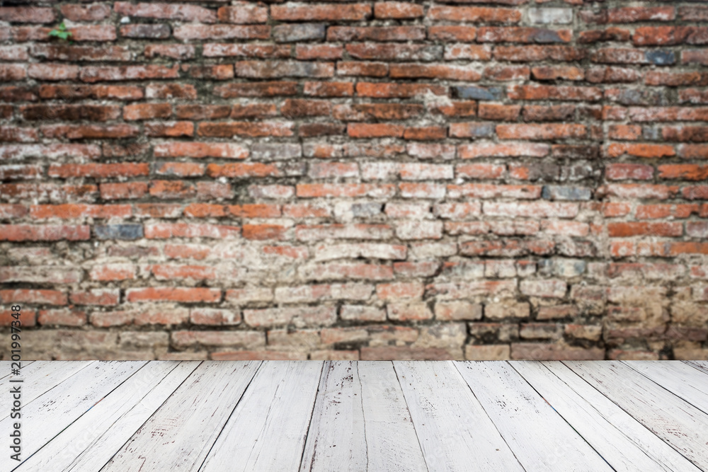 Empty wood Shelf on brick wall background