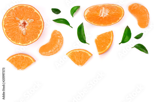 orange or tangerine with leaves isolated on white background with copy space for your text. Flat lay  top view