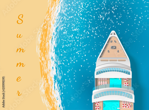 Cruise ship near the beach. top view. text summer. vector illustration