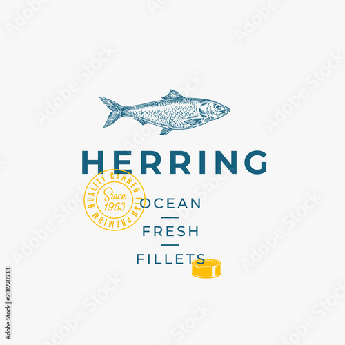 Ocean Fresh Fillets Abstract Vector Sign, Symbol or Logo Template. Hand Drawn Herring Fish Sketch with Premium Modern Typography, Quality Seal and Tin Can Silhouette. Stylish Vector Emblem Concept.