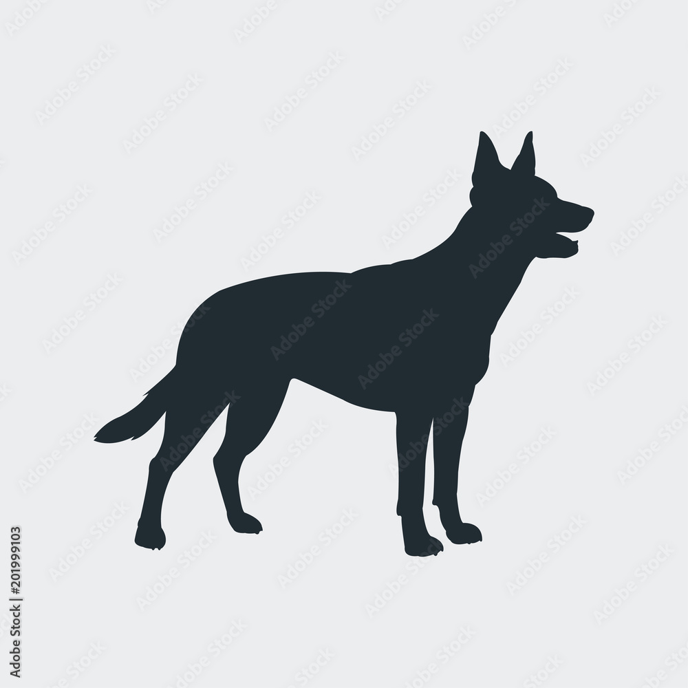 Icono plano silueta perro pastor aleman en fondo gris