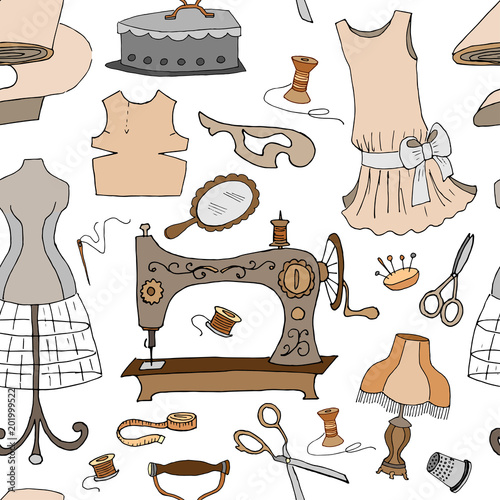 Seamless pattern of vintage sewing accessories. Vector illustration.