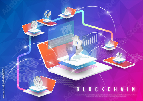Cryptocurrency and blockchain isometric composition with Isometric phone, laptop. Smart object and smart technology design. 3d vector. analysts and managers working on blockchain start up.