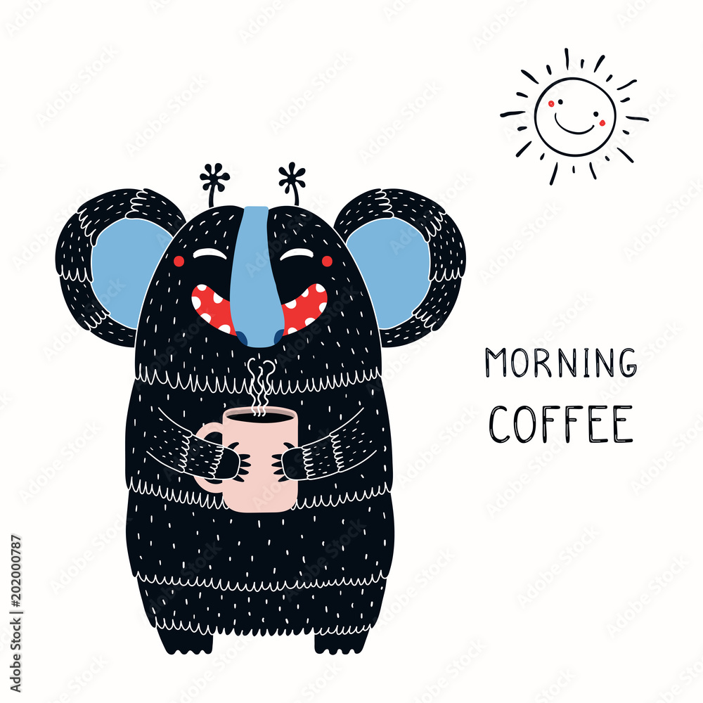 Φωτογραφία Hand drawn vector illustration of a cute funny monster holding a mug cup, with lettering quote Morning coffee