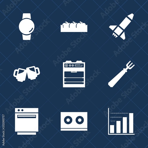 Premium set with fill icons. Such as launch, oven, spaceship, ripe, food, technology, touch, fruit, sign, crate, healthy, foam, beer, casette, watch, diagram, drink, screen, bar, alcohol, time, box