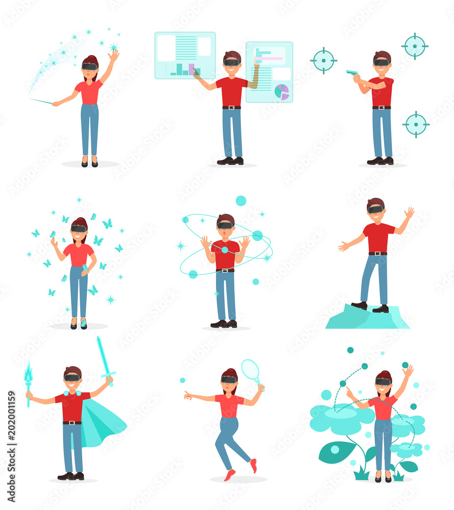 Collection of people playing video game in virtual reality with VR headset, person using virtuallization technology vector Illustration on a white background Collection of people playing video game in virtual reality with VR headset, person using virtuallization technology vector Illustration on a white background