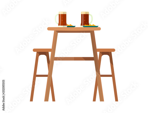Beerhouse furniture vector brewery dining furnishing table and chair with beer mug in bar or pub on beery party with alcohol illustration isolated on white background