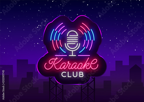 Karaoke Club Logo in Neon Style. Neon sign, bright nightly neon advertising Karaoke. Light banner, bright night billboard. Vector illustration. Billboard