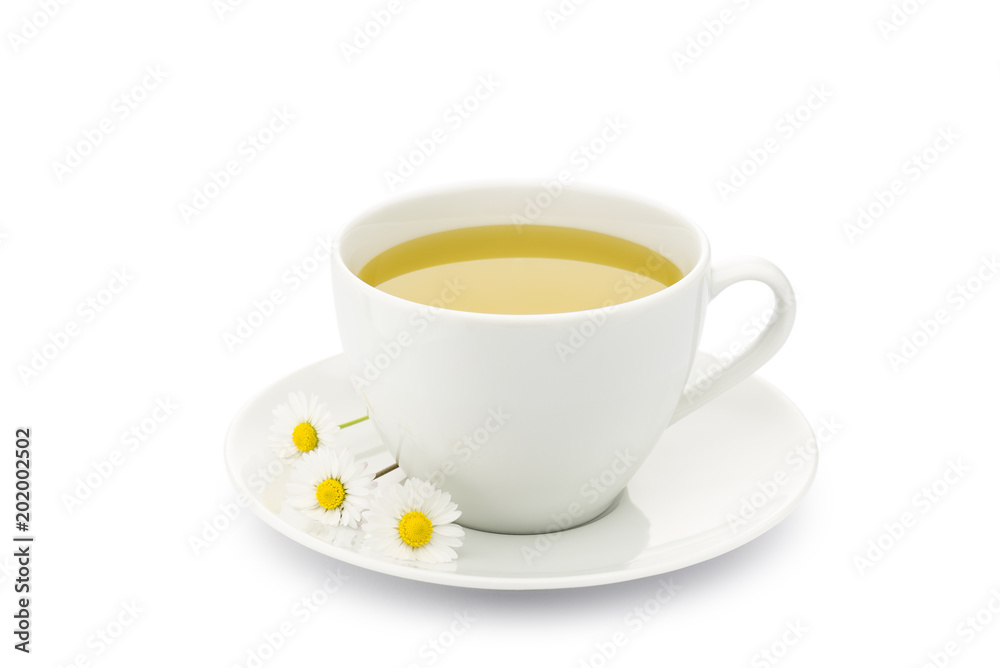 cup of chamomile with daisy on white background cup of chamomile with daisy on white background