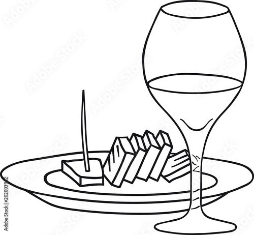 Hand Drawn Doodle Sketch Line Art Vector Illustration of Wineglass and Plate with Slices of Cheese. Emblem Poster Banner Black Outline Design Element Template