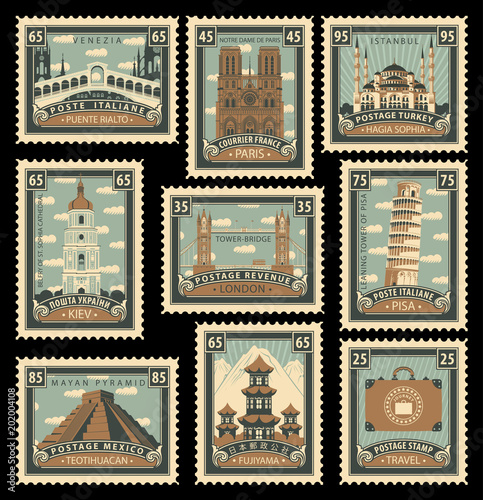 Vector set of postage stamps on the travel theme with different historical architectural sights landmarks