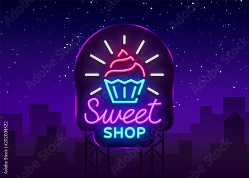 Sweet Shop logo is neon style. Candy Shop neon sign, banner light, bright neon night sweets advertising. Design template for your projects. Vector illustration. Billboard