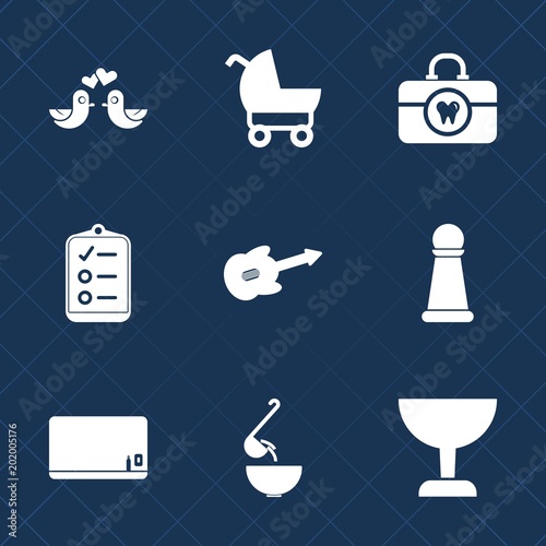 Premium set with fill icons. Such as blank, family, stroller, education, spoon, care, food, brush, health, romantic, dinner, blackboard, chalk, list, music, mark, kid, valentine, buggy, chess, baby