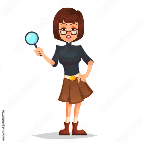 Smiling modern detective woman character with magnifying glass. Vector flat cartoon illustration