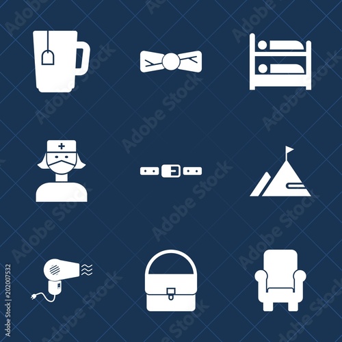 Premium set with fill icons. Such as furniture, summer, clothing, belt, doctor, coffee, hotel, beverage, drink, buckle, fasten, seat, cafe, bed, travel, cup, health, medical, mountain, bag, rock, room