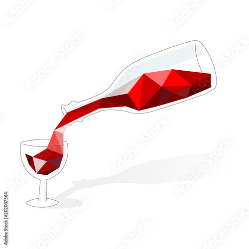 Vector illustration. Brilliant red wine in modern polygonal style. Bottle and glass are hand drawn.