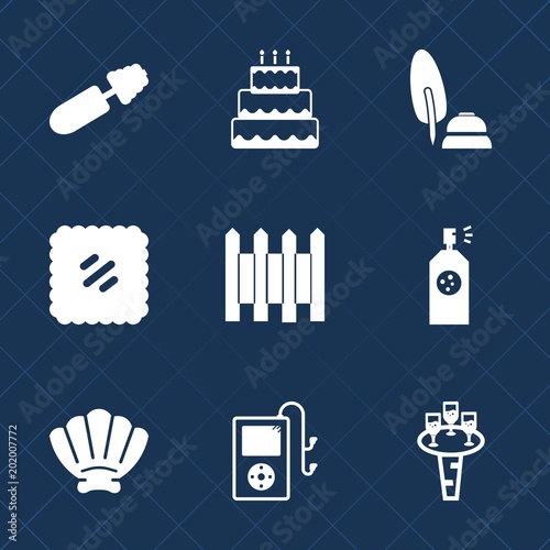 Premium set with fill icons. Such as paint, audio, mail, letter, seashell, pastry, pie, wine, player, wall, sea, fashion, sweet, black, pen, drink, glass, spray, white, bakery, ink, fence, makeup