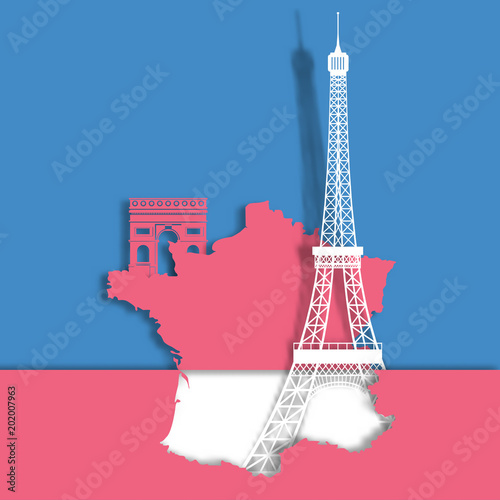 Eiffel tower and landmark on France Map  paper cut style .candy color vector style.