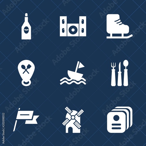 Premium set with fill icons. Such as beverage, mill, nation, restaurant, country, fork, spoon, audio, patriotism, sport, glass, card, bottle, knife, skating, business, red, sailboat, leisure, yacht