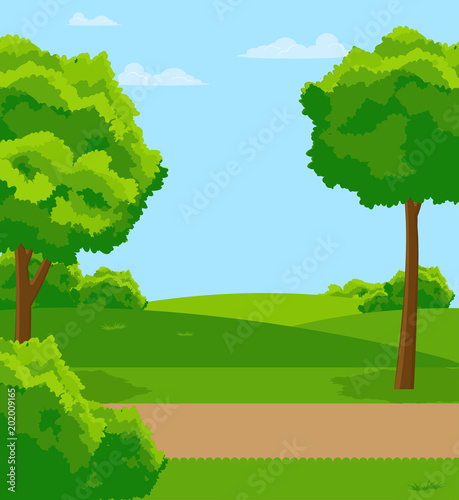 Park with green lawns. trees and bushes. Vector flat illustration.