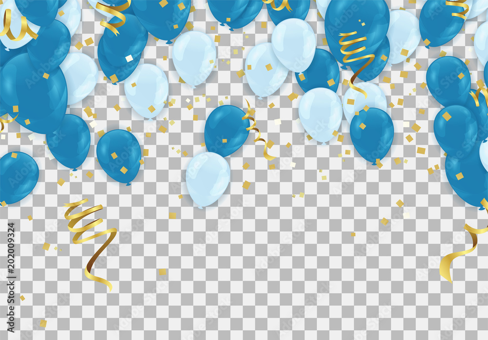 Blue balloons, confetti concept design Independence Day greeting background.of celebration, party balloons