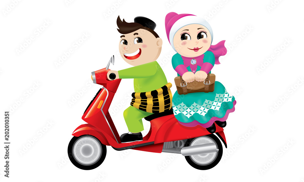 Muslim boy and girl riding on a motorbike together. Isolated.