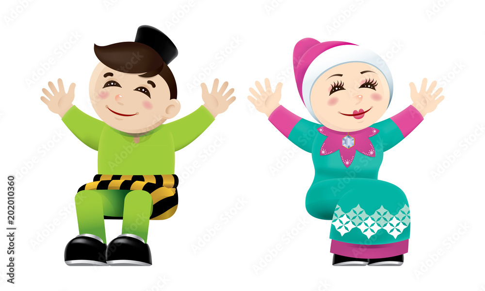 Muslim boy and girl waving their hands. Isolated.