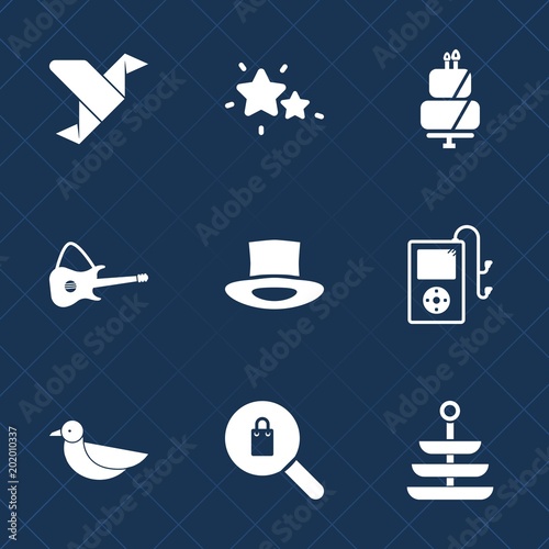 Premium set with fill icons. Such as white, plate, sound, food, space, galaxy, musical, sky, universe, bird, bakery, music, wildlife, dark, sweet, nature, hat, fashion, audio, night, blue, clothing