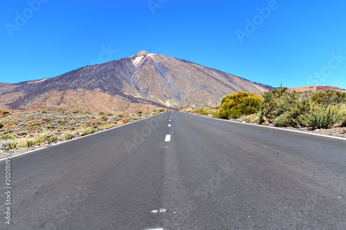 Road to volcano El Teide in Teide National Park, Tenerife, Spain. Mountain landscape, volcanic soil.