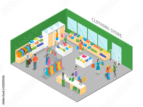 Clothing Store Interior with Furniture Isometric View. Vector