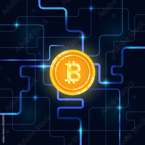 gold bitcoin digital currency icon on circuit board background. mining and crypto currency technology concept. vector illustration.