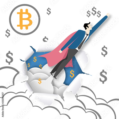 Paper art of business man flying through paper of bitcoin hand drawing background , business concept.