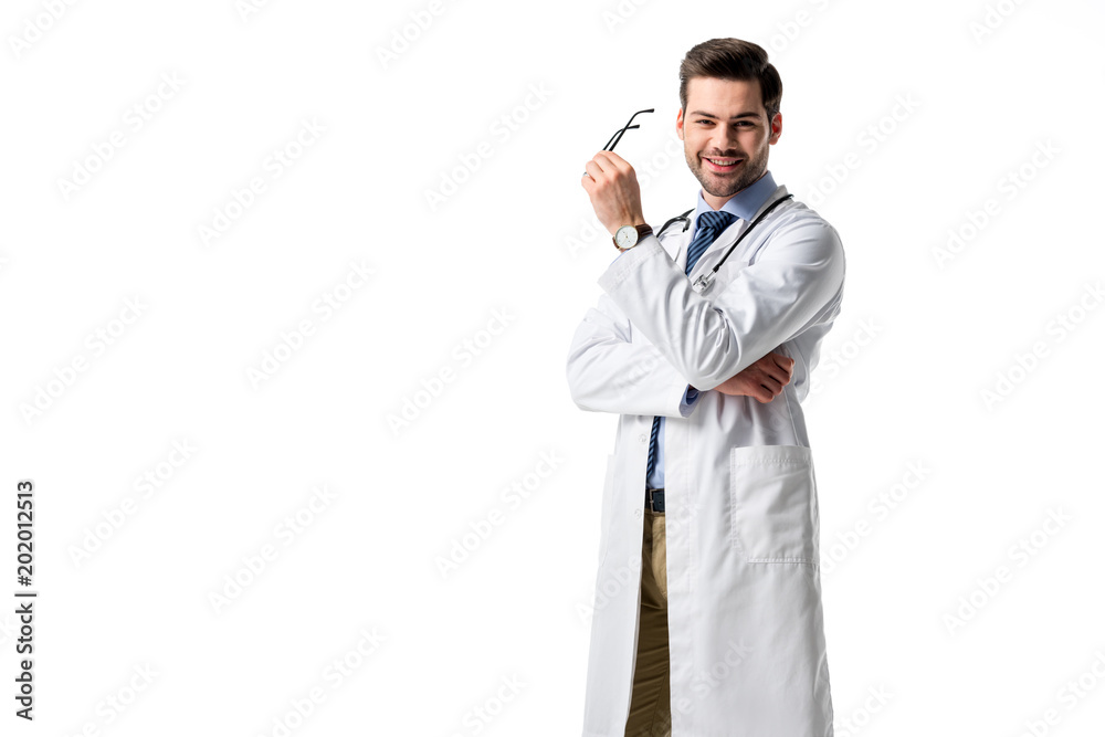 Smiling medical worker wearing white coat with stethoscope isolated on white Smiling medical worker wearing white coat with stethoscope isolated on white