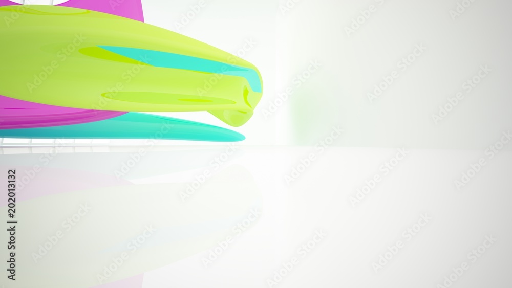 Obraz premium Abstract dynamic interior with colored gradient smooth objects. 3D illustration and rendering