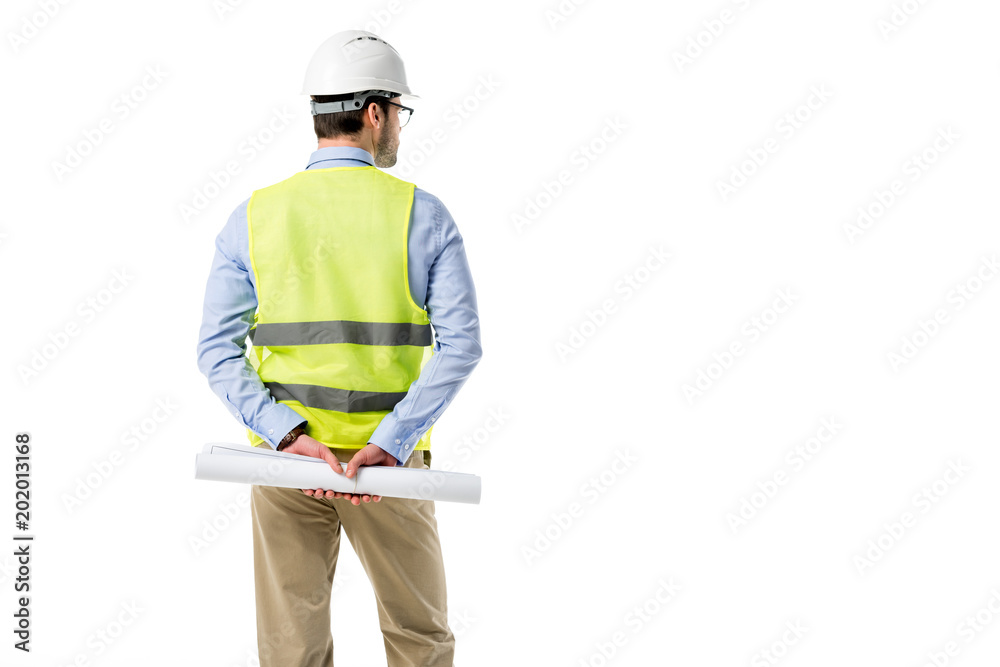 © LIGHTFIELD STUDIOS - Rear view of architect in reflective vest holding blueprint isolated on white