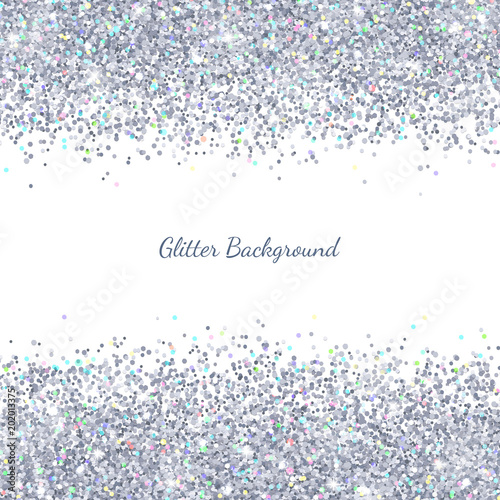 Silver glitter with colored particles on white background. Vector