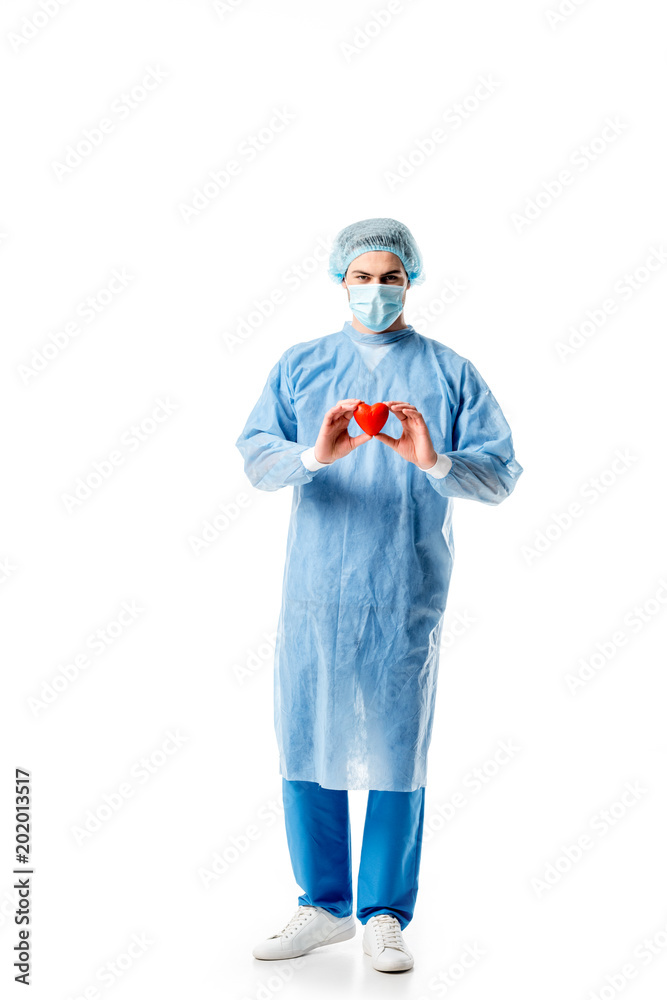 Surgeon wearing blue uniform and holding toy heart isolated on white