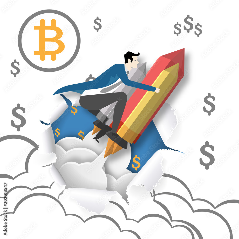 Paper art of business man riding space shuttle flying through paper of bitcoin hand drawing background , business concept. Paper art of business man riding space shuttle flying through paper of bitcoin hand drawing background , business concept.