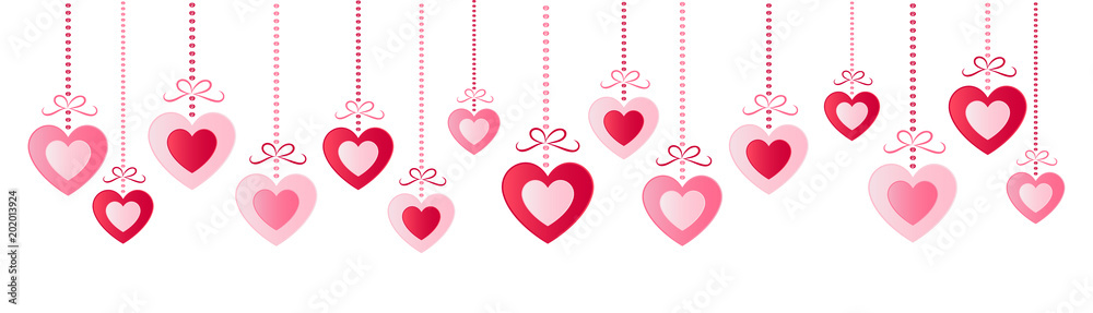 Panoramic header with hanging hearts isolated on white background. Valentine's Day, Mother's Day and Women's Day - decoration. Vector.