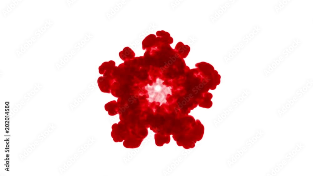 red ink dissolves in water on white background with luma matte. 3d render of computer simulation. V5 a lot of ink flows form round structure