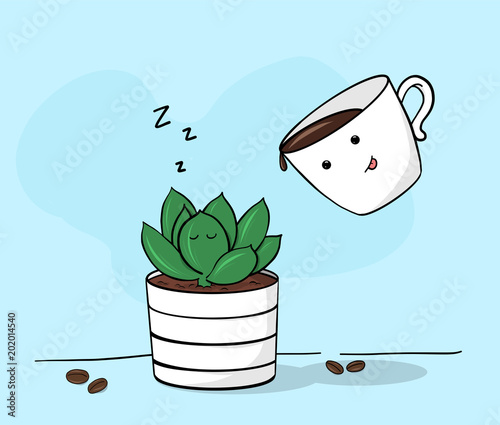 Wake me up / Creative conceptual still life illustration. Succulent with coffee cup. photo