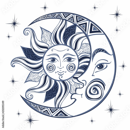 The moon and the sun. Ancient astrological symbol. Engraving. Boho Style. Ethnic. The symbol of the zodiac. Mystical. Vector.