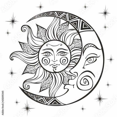 The moon and the sun. Ancient astrological symbol. Engraving. Boho Style. Ethnic. The symbol of the zodiac. Mystical.  Coloring. Vector