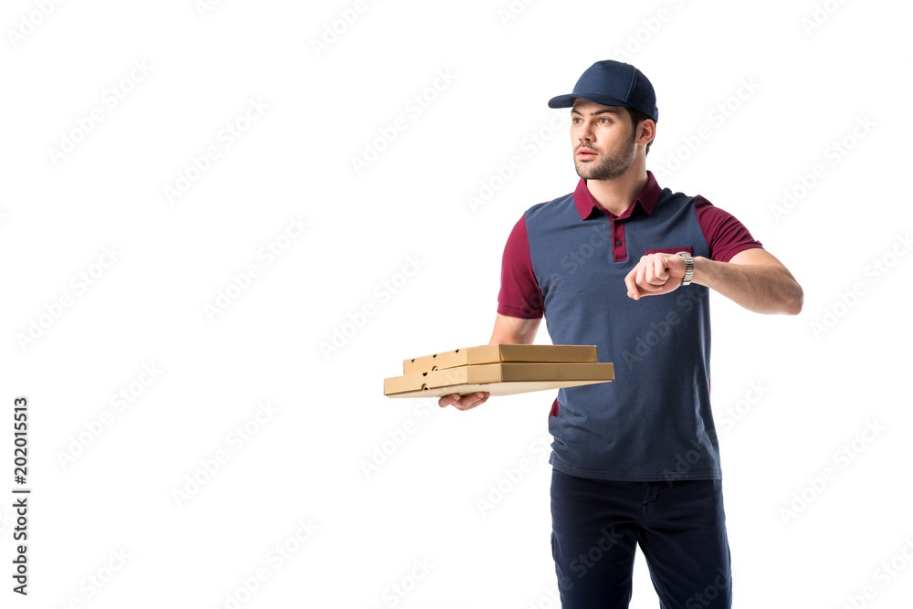 portrait of late delivery man with cardboard pizza boxes isolated on white portrait of late delivery man with cardboard pizza boxes isolated on white