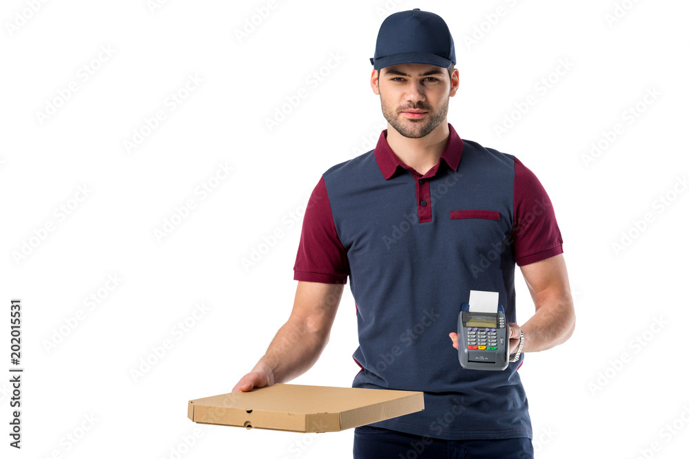 delivery man with cardboard pizza box and cardkey reader in hands isolated on white delivery man with cardboard pizza box and cardkey reader in hands isolated on white