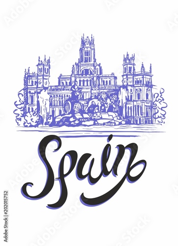 Travel. trip to Spain. City Of Madrid. Sketch. Cybele Palace and fountain at the Plaza Cibeles in Madrid, Spain.. Design concept for the tourism industry. Vector illustration.