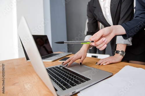 Business lady showing pen on laptop screen