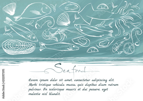 Seafood hand drawn illustration. Template design can be used for meny, banner, flyer, card, poster.